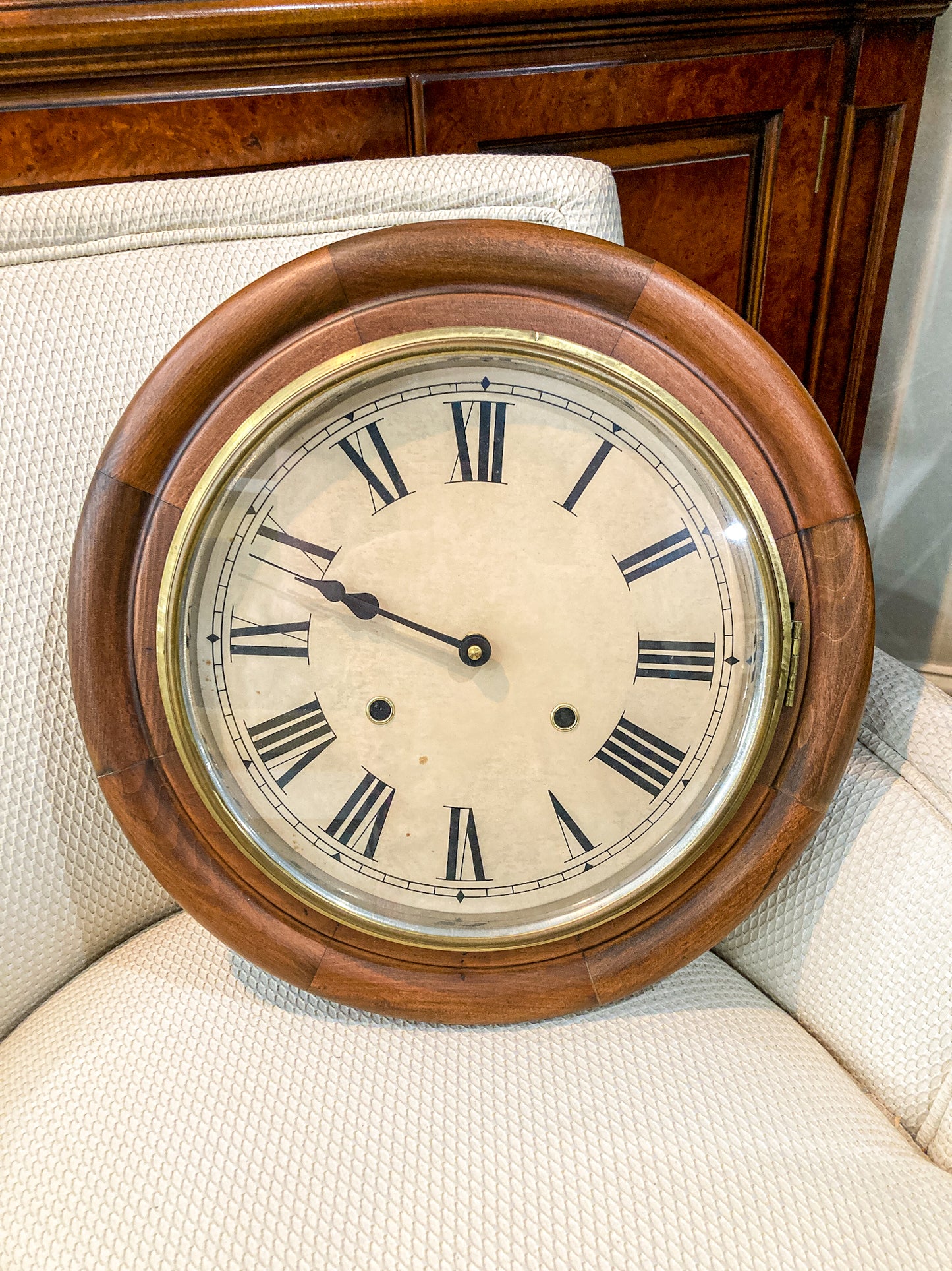 Antique Hand Crafted Wooden Retrofitted Roman Numeral Circular Wall Clock