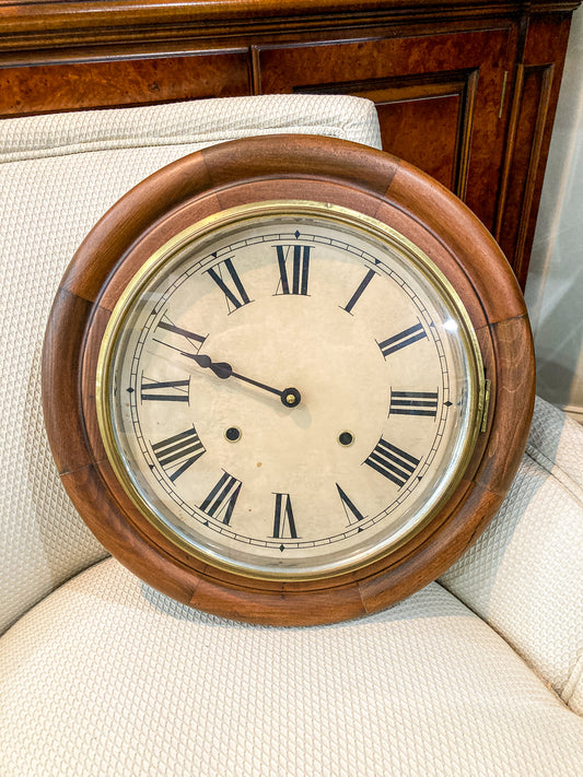 Antique Hand Crafted Wooden Retrofitted Roman Numeral Circular Wall Clock
