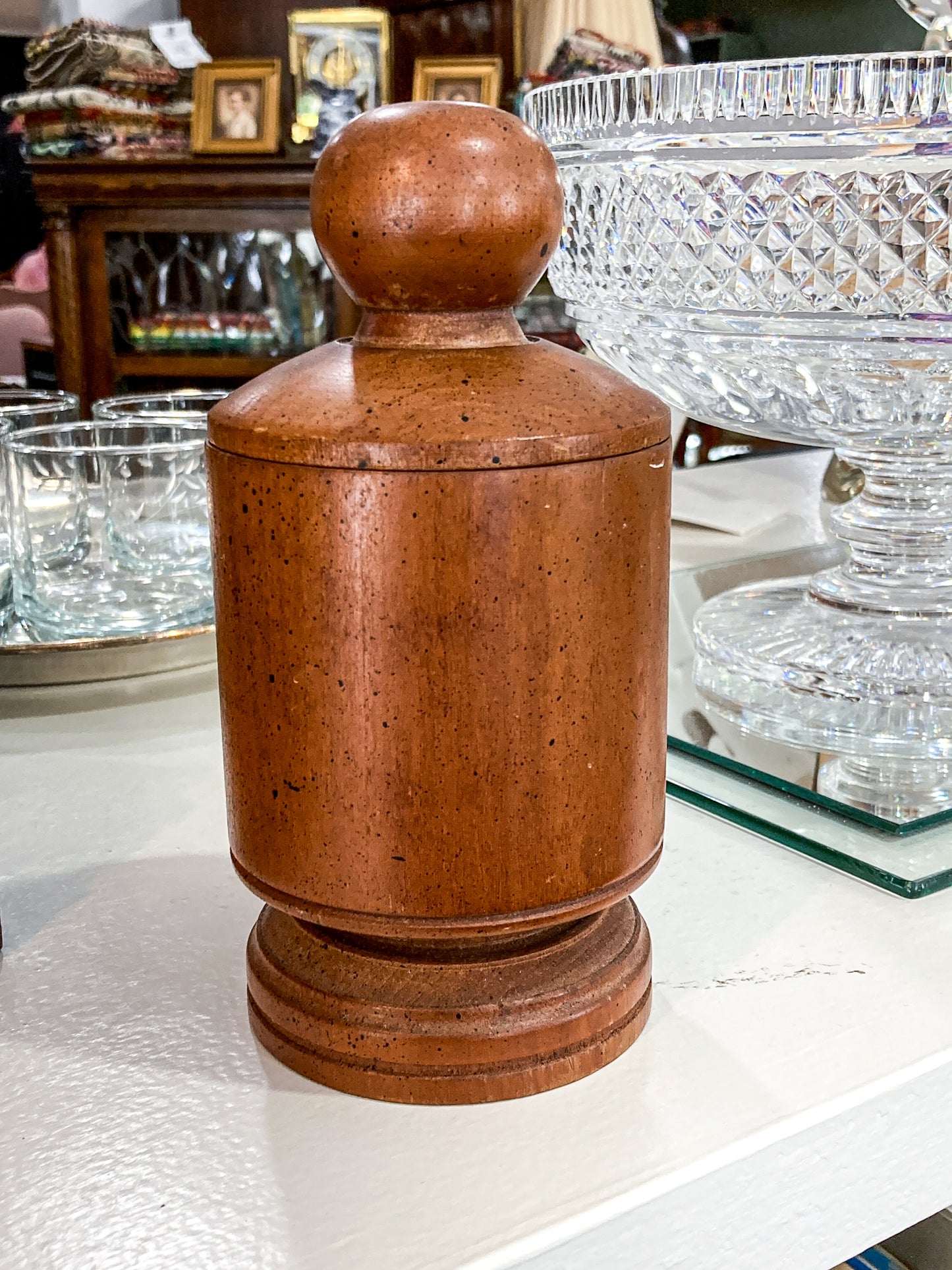 Antique Handmade Turned Wood Cylindrical Footed Lidded Canister Jar