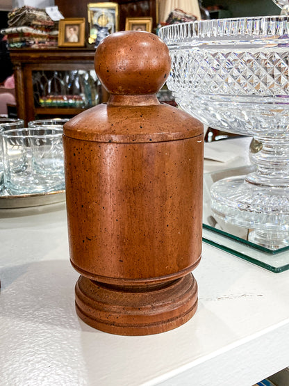 Antique Handmade Turned Wood Cylindrical Footed Lidded Canister Jar