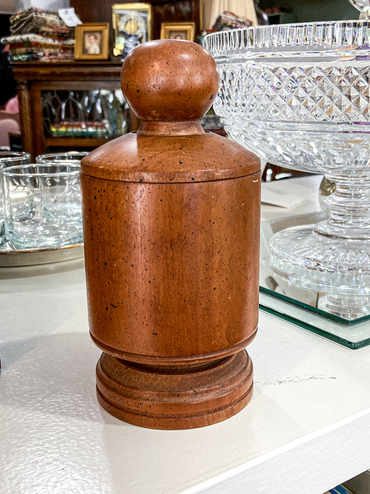 Antique Handmade Turned Wood Cylindrical Footed Lidded Canister Jar