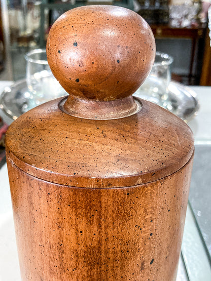 Antique Handmade Turned Wood Cylindrical Footed Lidded Canister Jar