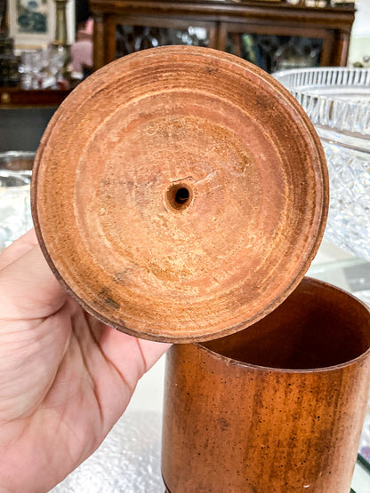 Antique Handmade Turned Wood Cylindrical Footed Lidded Canister Jar