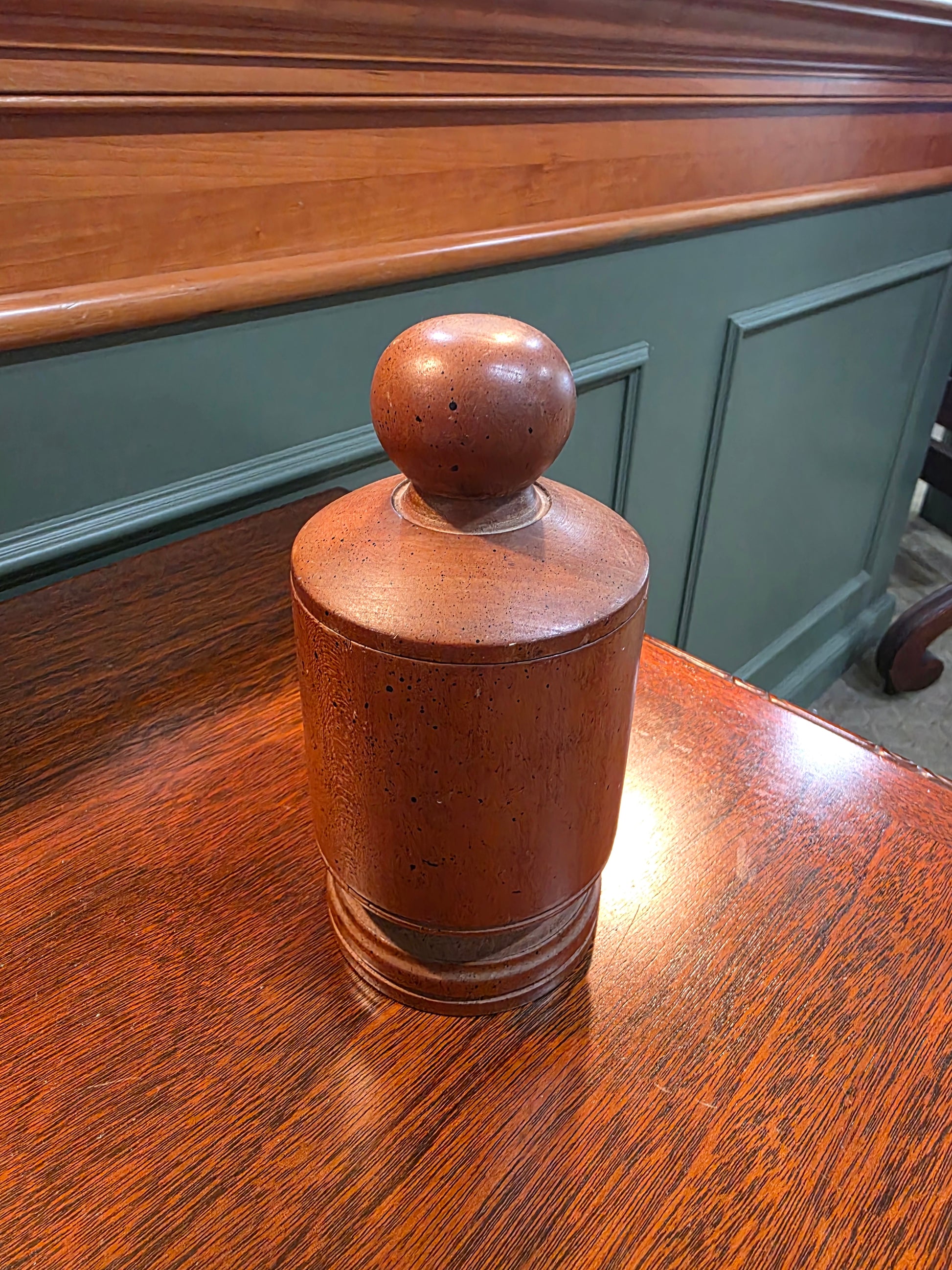 Antique Handmade Turned Wood Cylindrical Footed Lidded Canister Jar