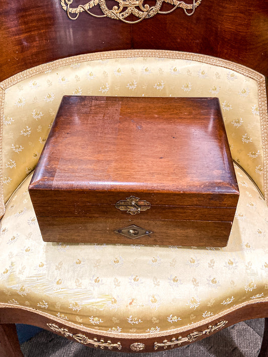 Antique Handmade Velvet Lined Mahogany Wood Silver Chest Box