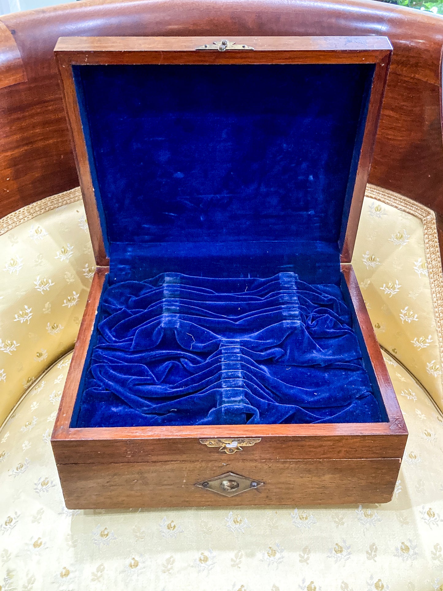 Antique Handmade Velvet Lined Mahogany Wood Silver Chest Box