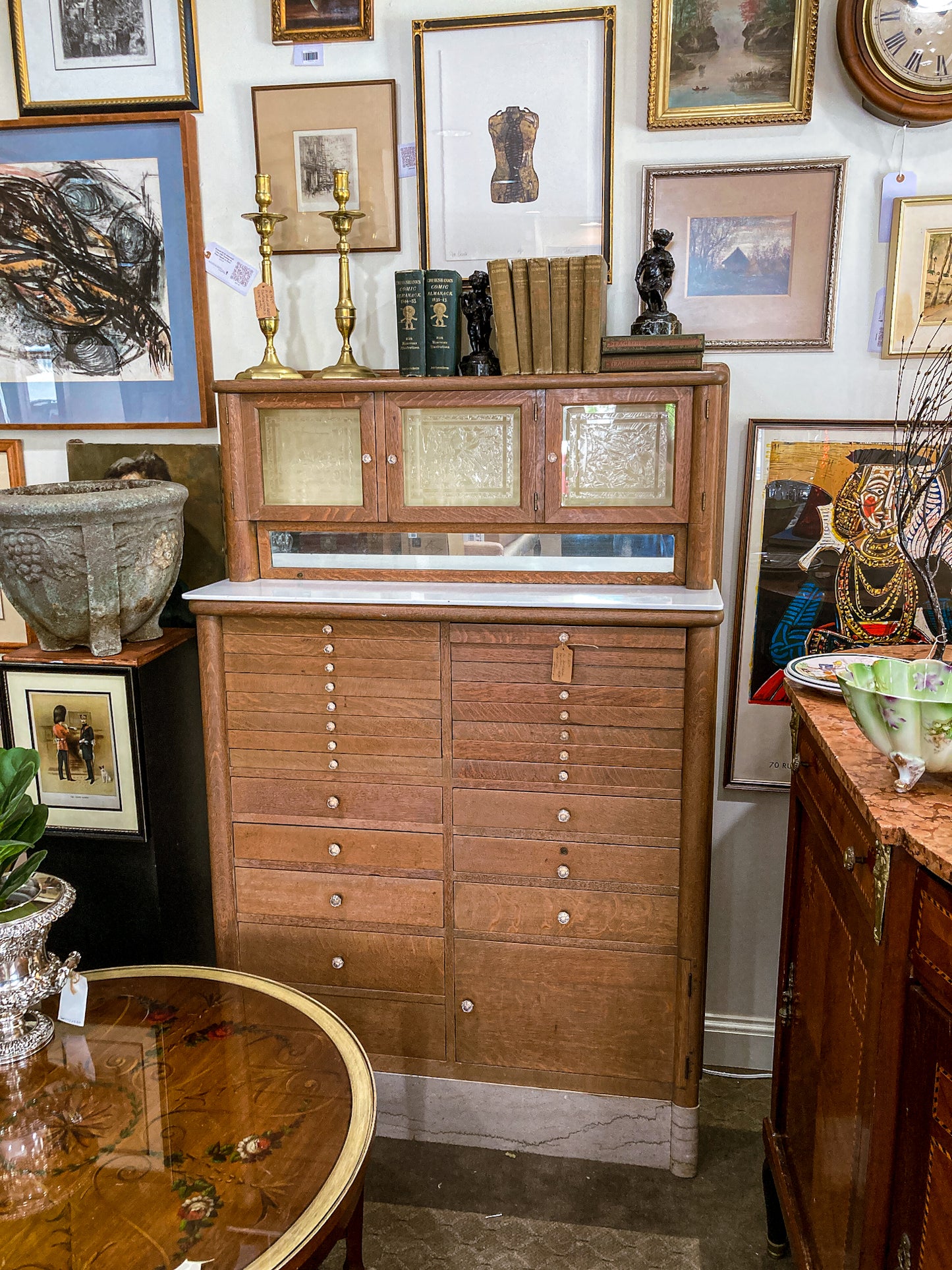 Antique Harvard Co Canton Ohio Etched Glass Mirrored Wood Dental Cabinet
