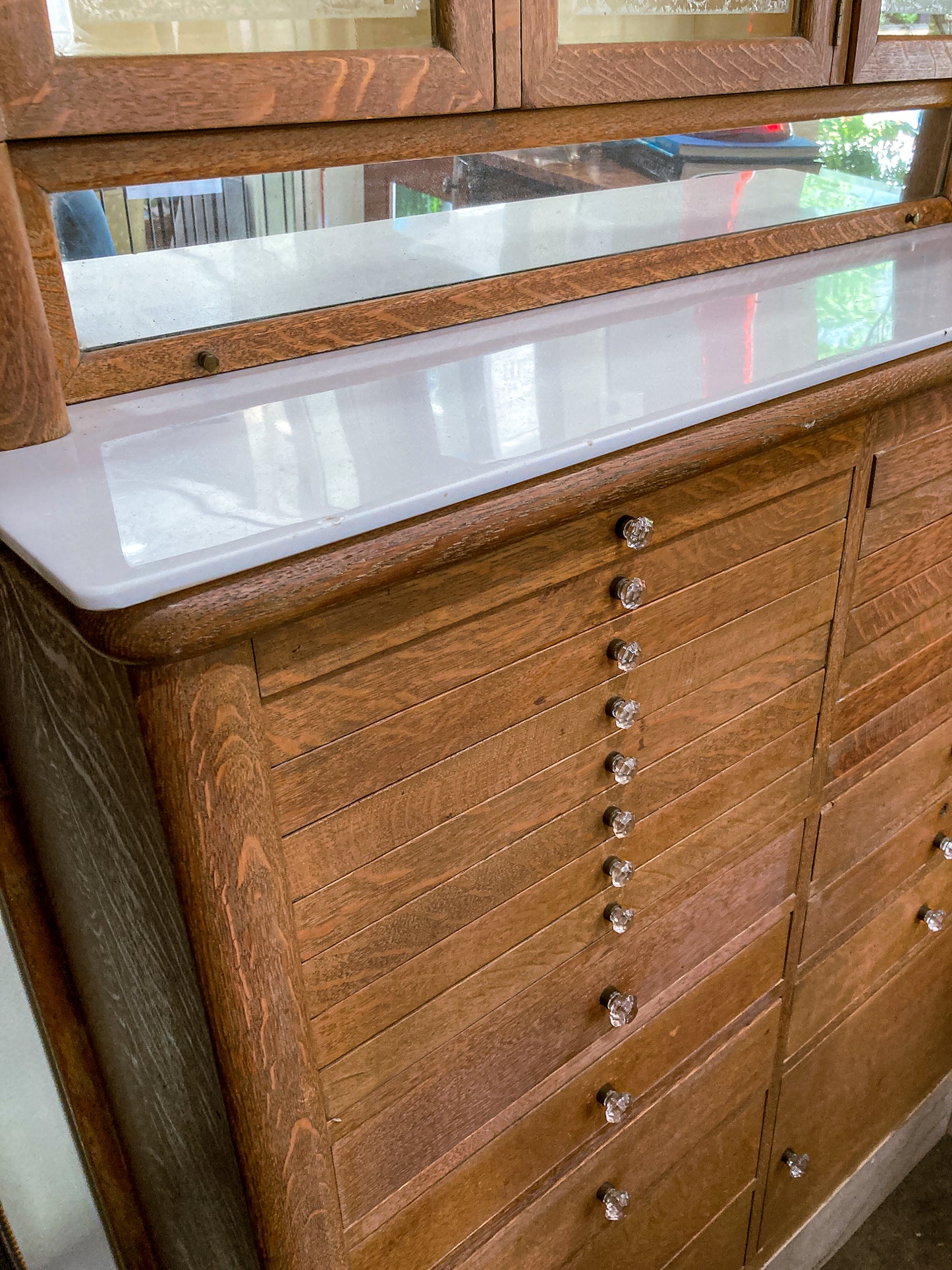 Antique Harvard Co Canton Ohio Etched Glass Mirrored Wood Dental Cabinet