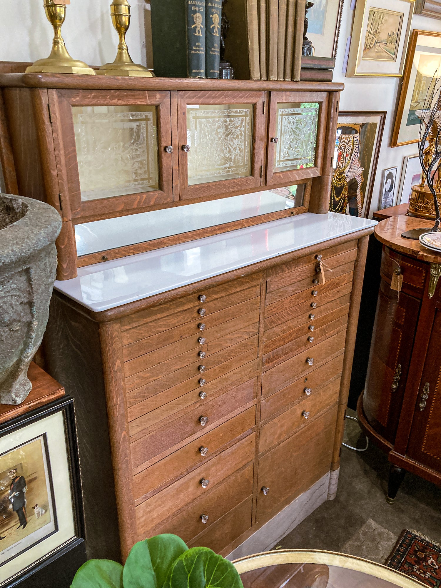 Antique Harvard Co Canton Ohio Etched Glass Mirrored Wood Dental Cabinet