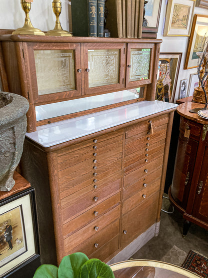 Antique Harvard Co Canton Ohio Etched Glass Mirrored Wood Dental Cabinet
