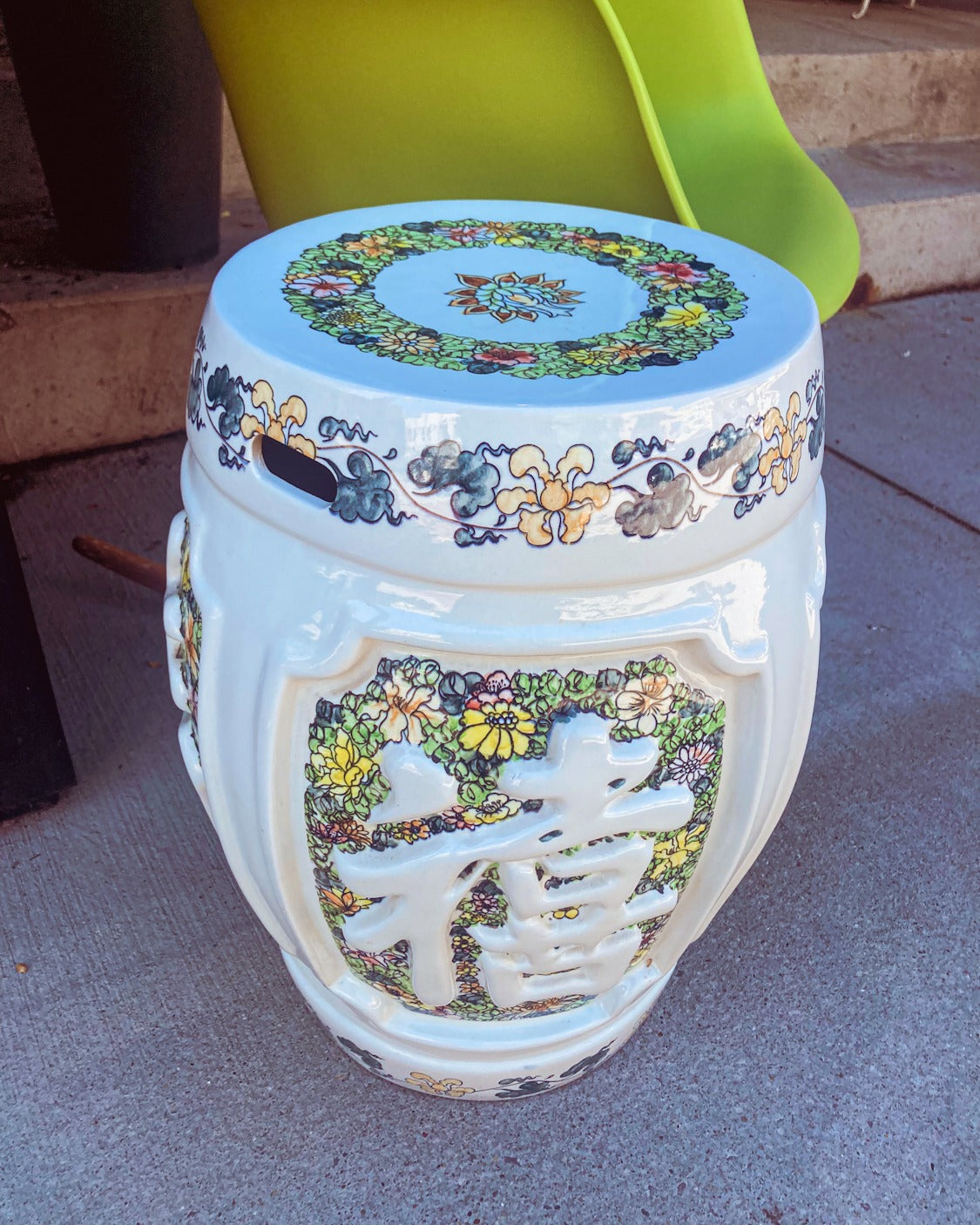 Antique Inspired Vintage Polychrome Floral Ceramic Chinese Garden Stool