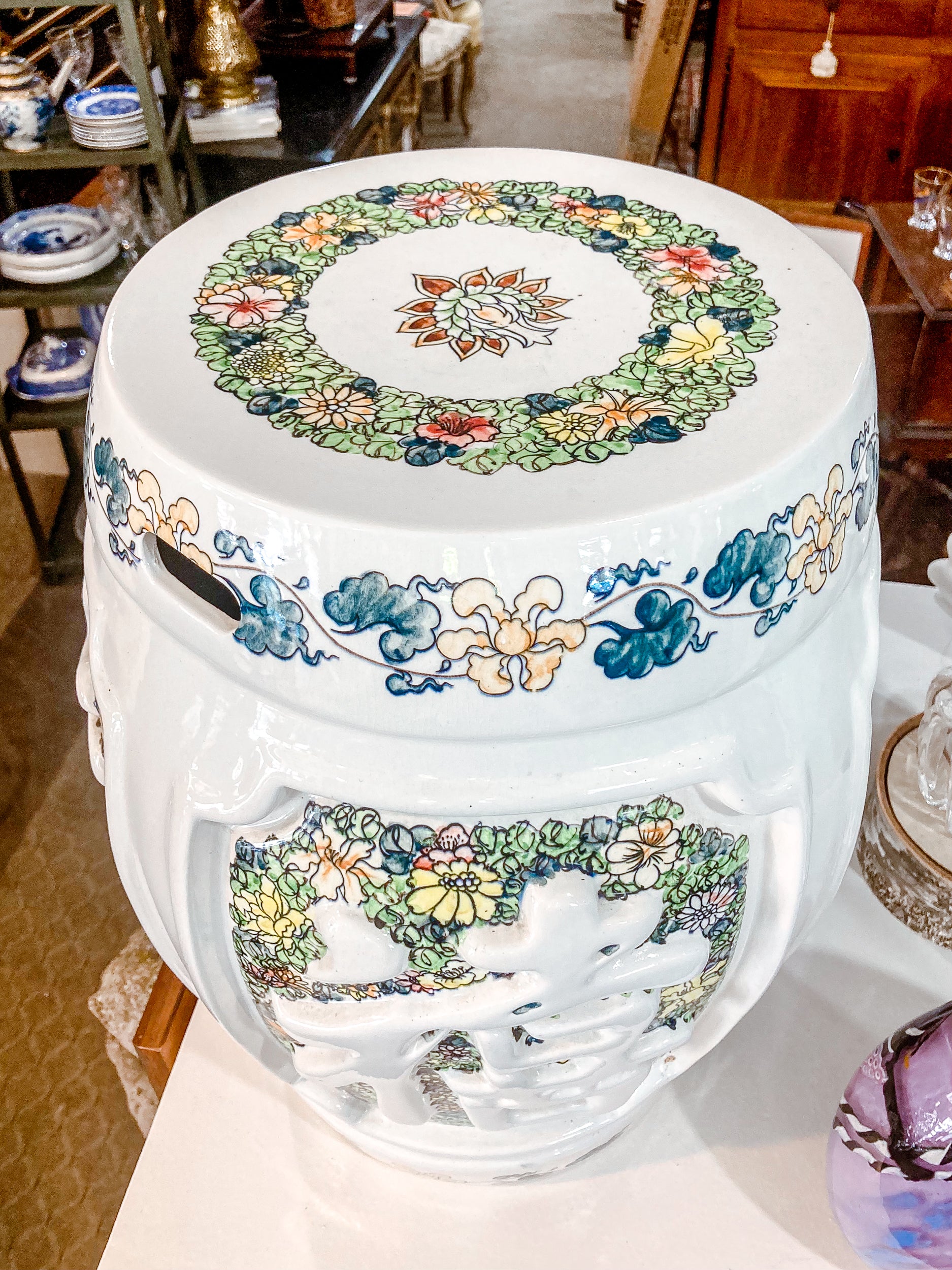 Antique Inspire Vintage Polychrome Floral Ceramic Chinese Garden