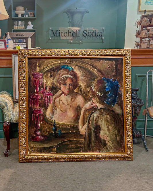 Antique Inspired Woman in Mirror Robert Martin (1918-1998) Framed Oil Canvas Painting