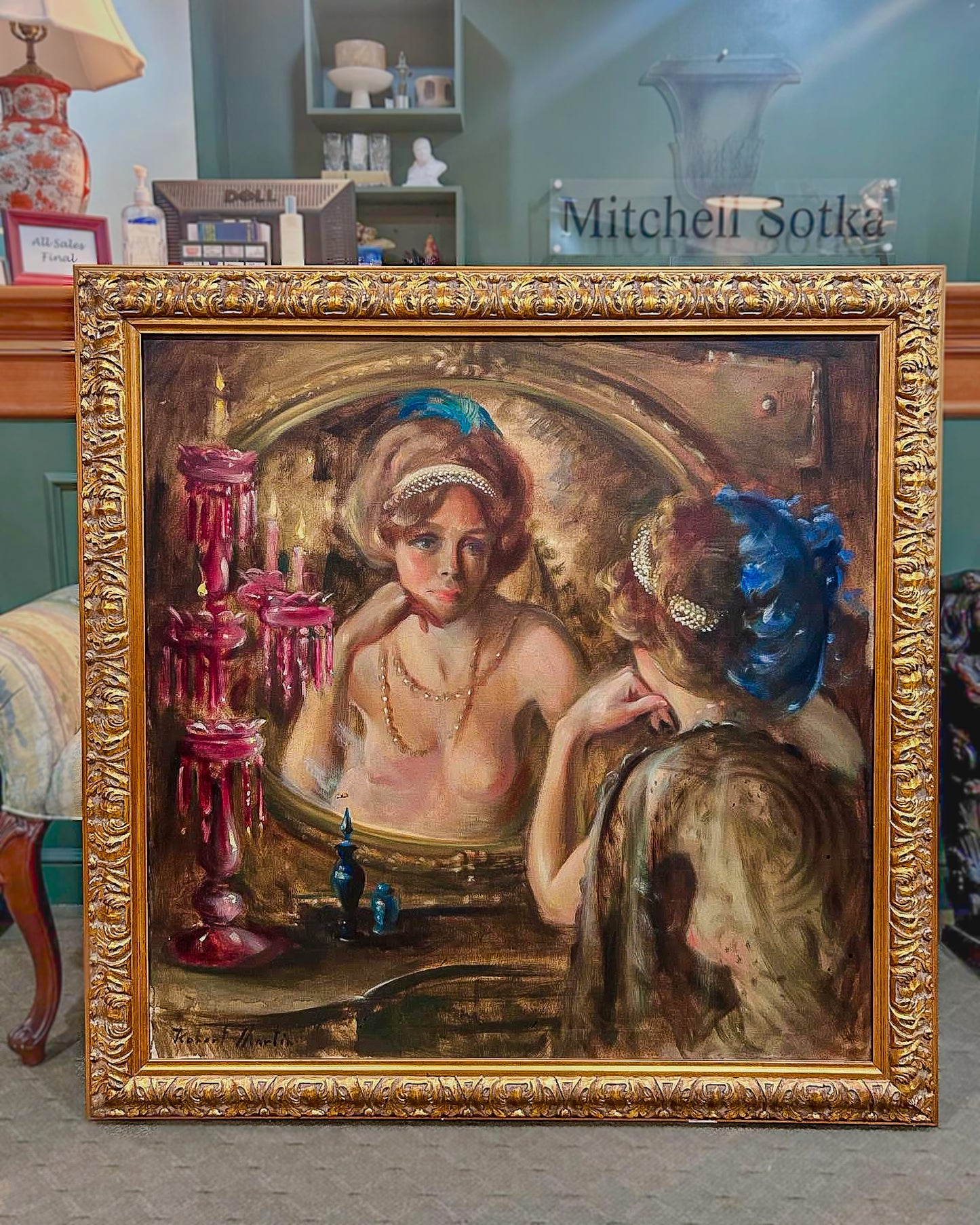 Antique Inspired Woman in Mirror Robert Martin (1918-1998) Framed Oil Canvas Painting