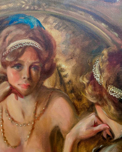 Antique Inspired Woman in Mirror Robert Martin (1918-1998) Framed Oil Canvas Painting