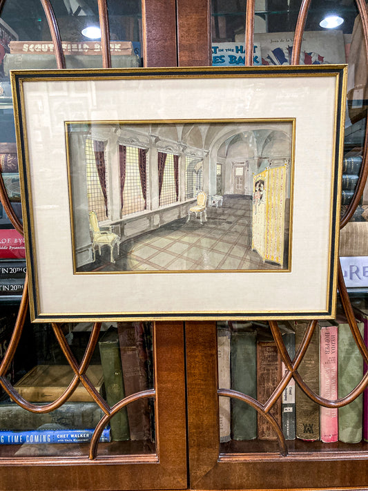Antique Interior Grand Home Puppet Show Framed Watercolor Painting