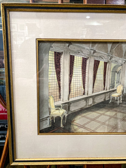 Antique Interior Grand Home Puppet Show Framed Watercolor Painting