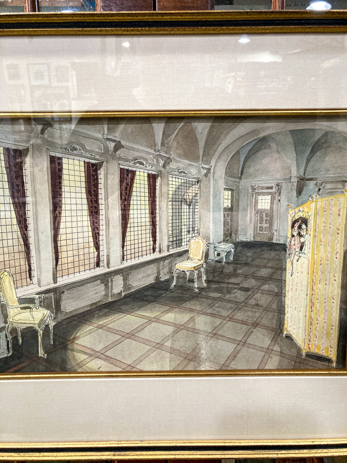 Antique Interior Grand Home Puppet Show Framed Watercolor Painting