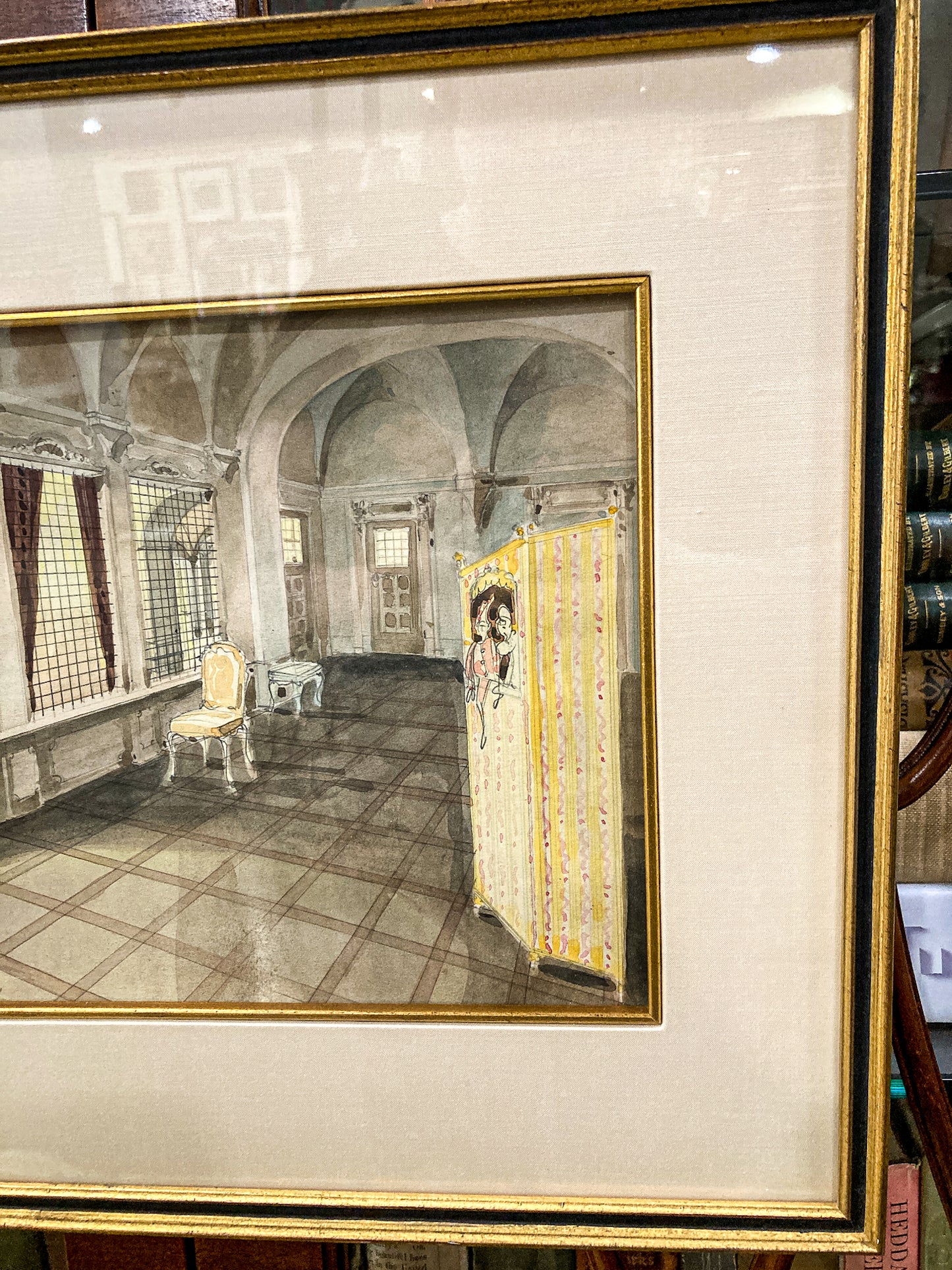 Antique Interior Grand Home Puppet Show Framed Watercolor Painting