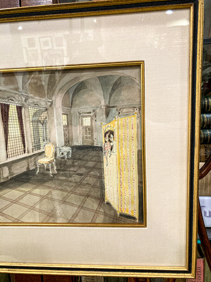 Antique Interior Grand Home Puppet Show Framed Watercolor Painting