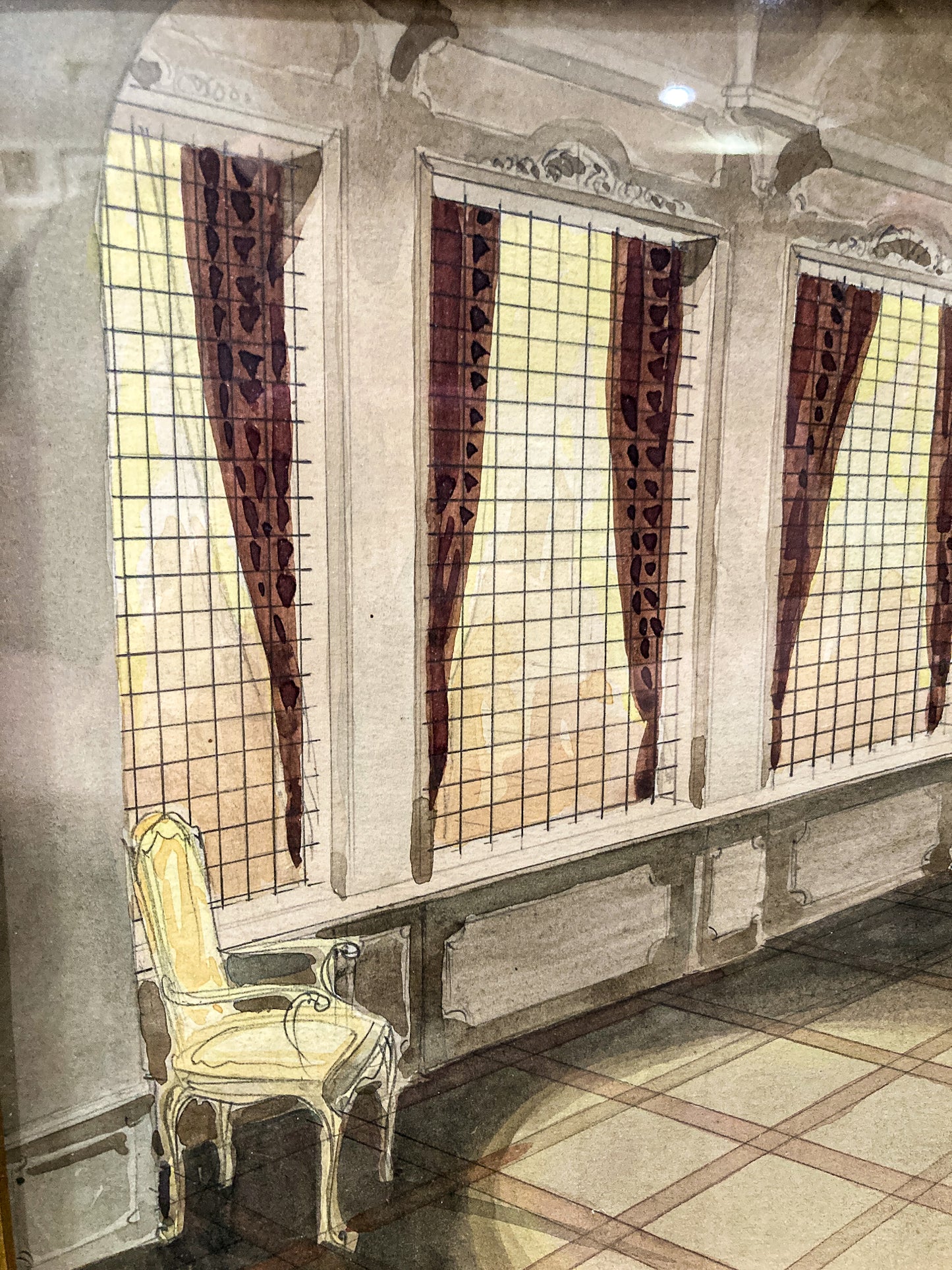 Antique Interior Grand Home Puppet Show Framed Watercolor Painting