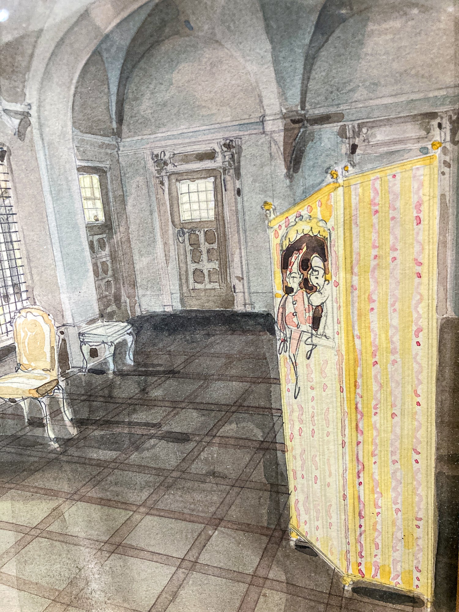 Antique Interior Grand Home Puppet Show Framed Watercolor Painting