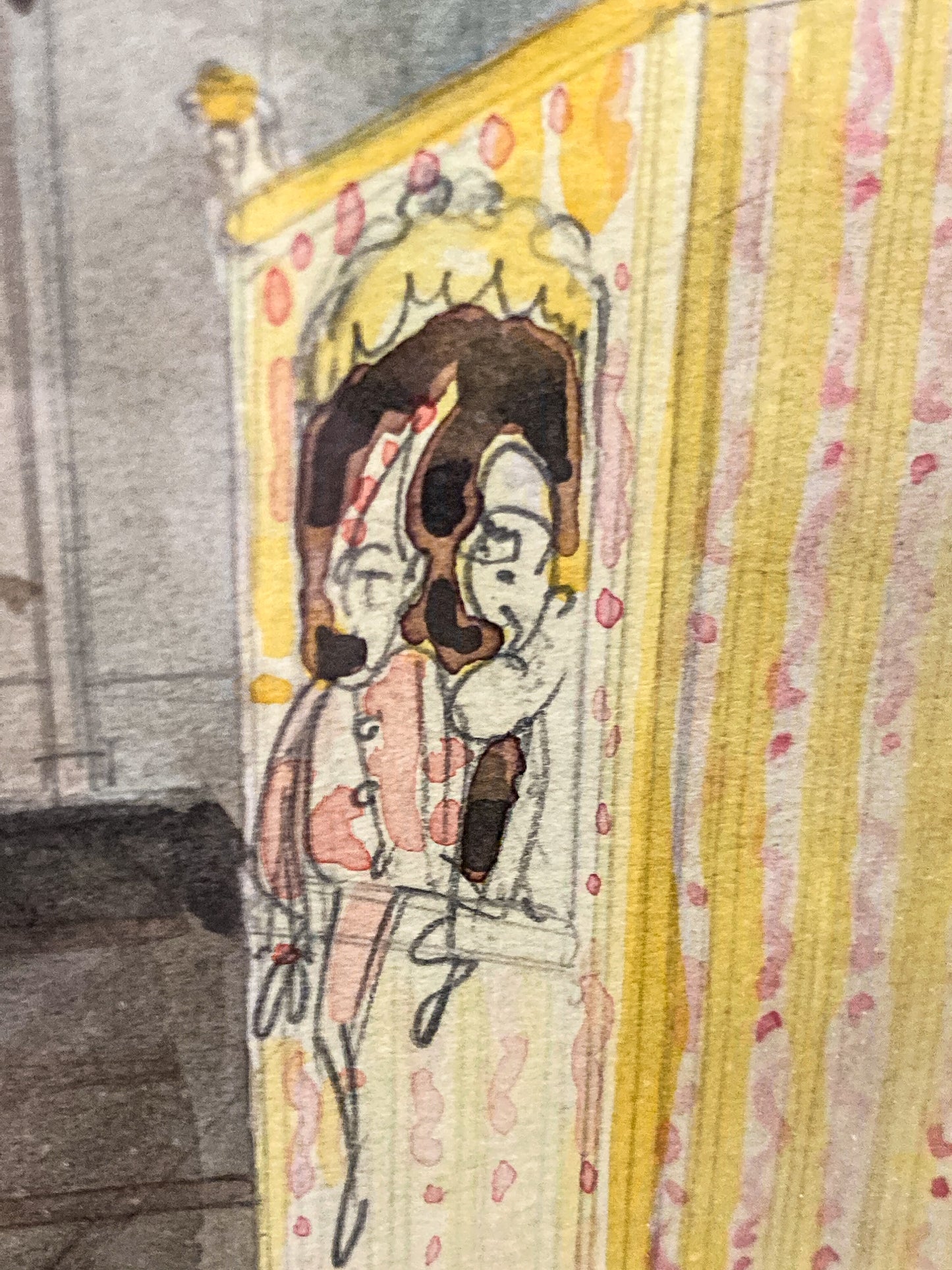 Antique Interior Grand Home Puppet Show Framed Watercolor Painting