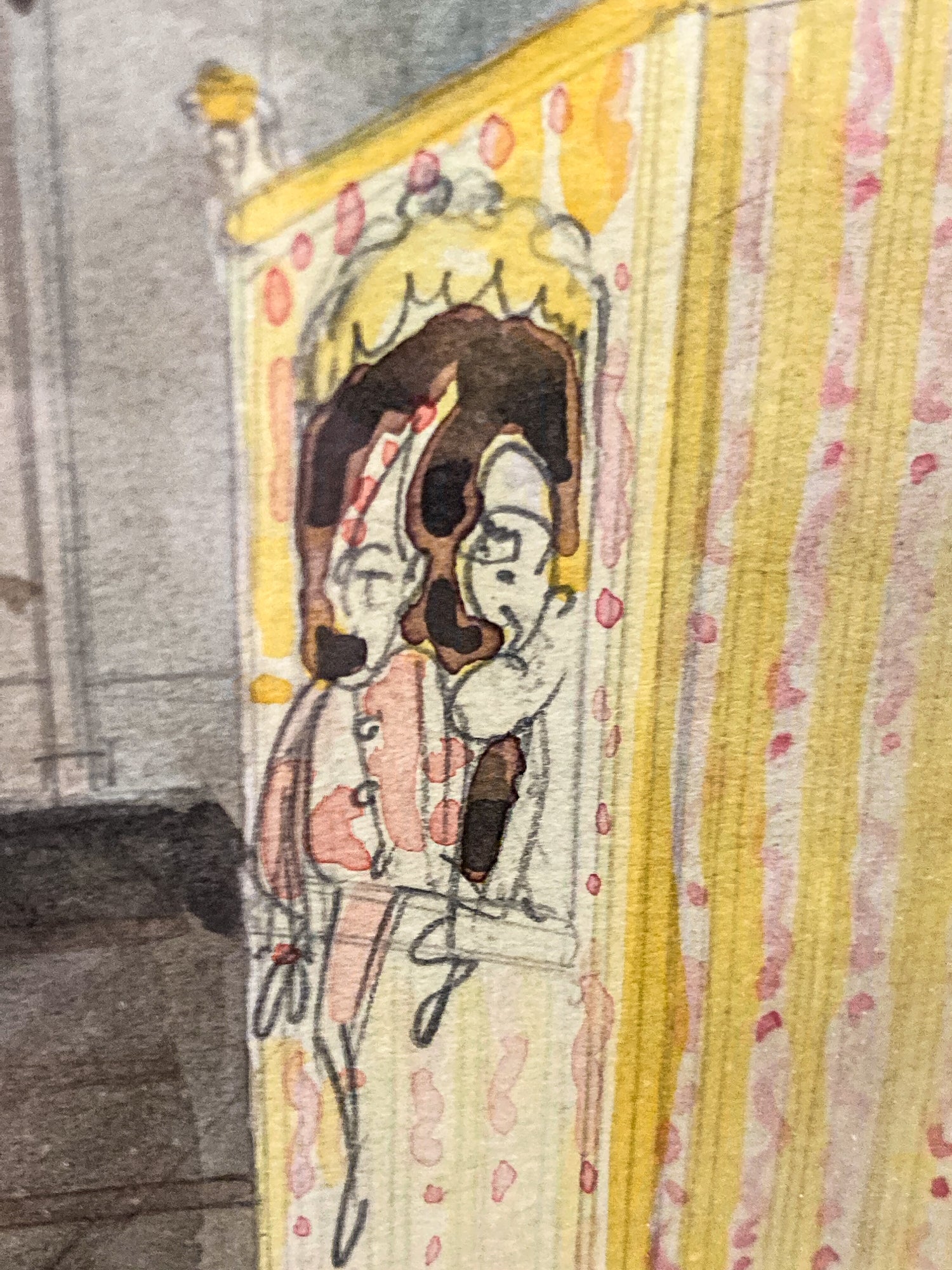 Antique Interior Grand Home Puppet Show Framed Watercolor Painting