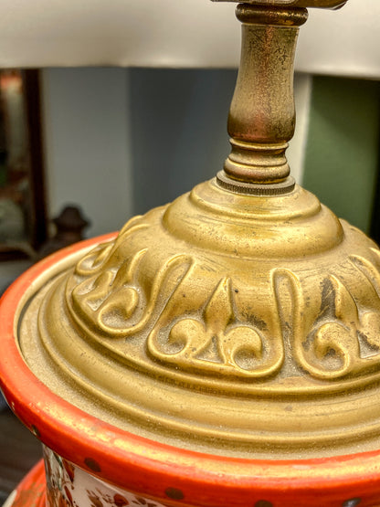 Antique Japanese Hand Painted Kutani Porcelain Vase Lamp Wood Base Close Up Cap