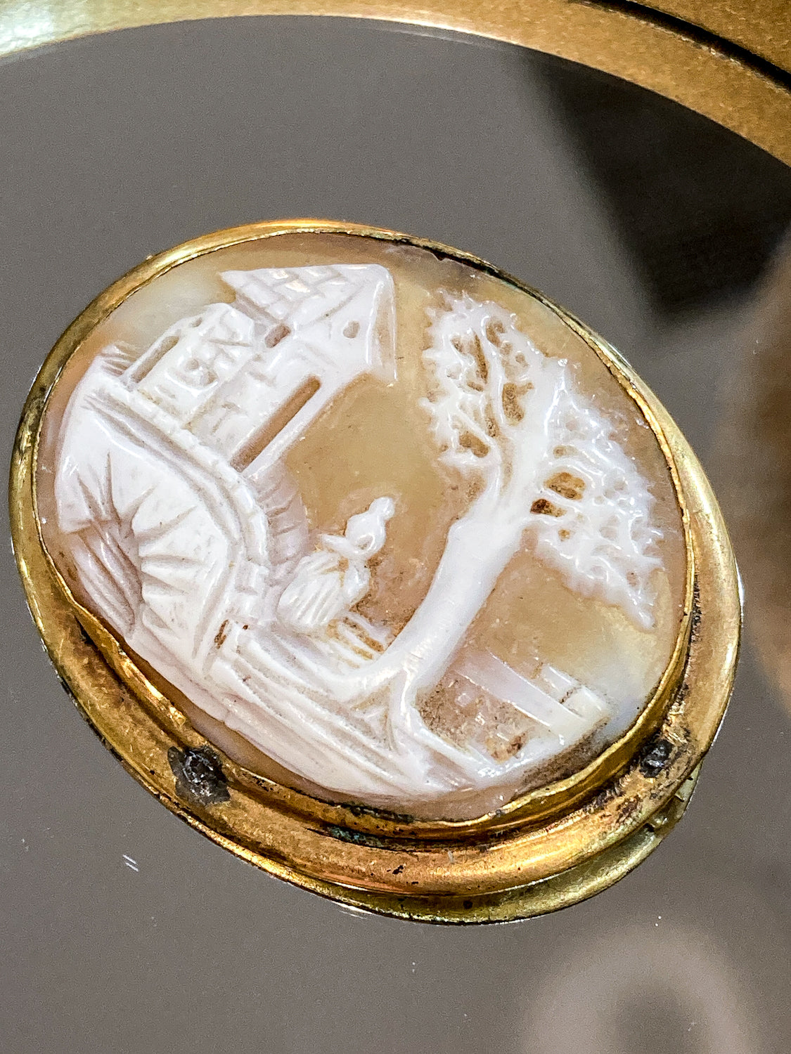 Antique Late 19th Century Gold Filled Landscape Shell Cameo Oval Brooch Pin