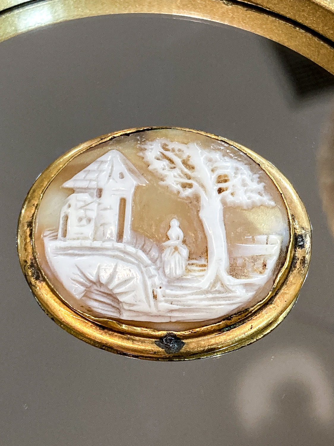 Antique Late 19th Century Gold Filled Landscape Shell Cameo Oval Brooch Pin