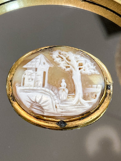 Antique Late 19th Century Gold Filled Landscape Shell Cameo Oval Brooch Pin