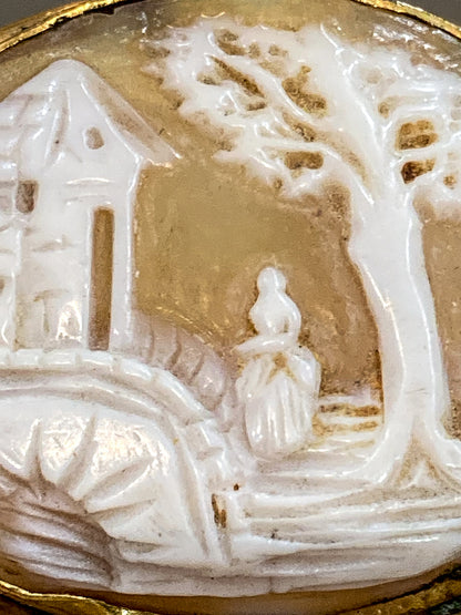 Antique Late 19th Century Gold Filled Landscape Shell Cameo Oval Brooch Pin