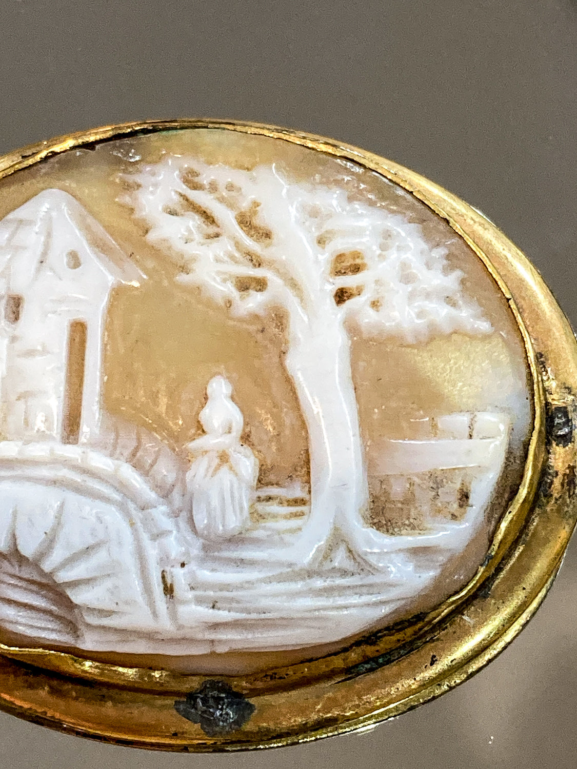 Antique Late 19th Century Gold Filled Landscape Shell Cameo Oval Brooch Pin
