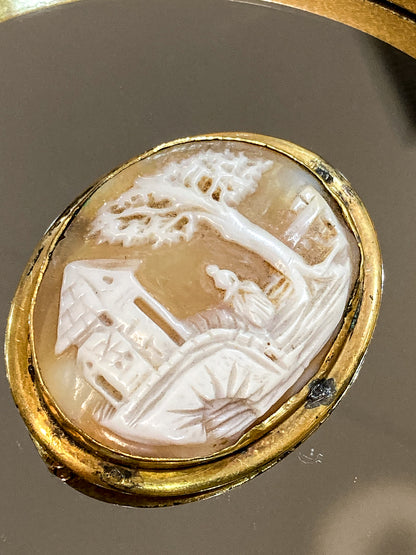 Antique Late 19th Century Gold Filled Landscape Shell Cameo Oval Brooch Pin