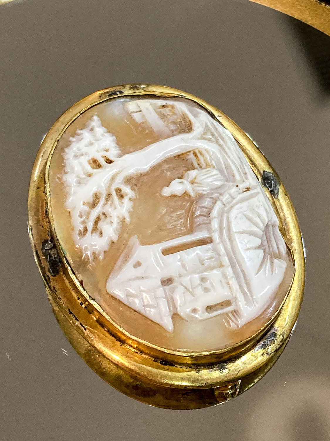 Antique Late 19th Century Gold Filled Landscape Shell Cameo Oval Brooch Pin