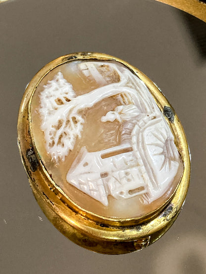 Antique Late 19th Century Gold Filled Landscape Shell Cameo Oval Brooch Pin