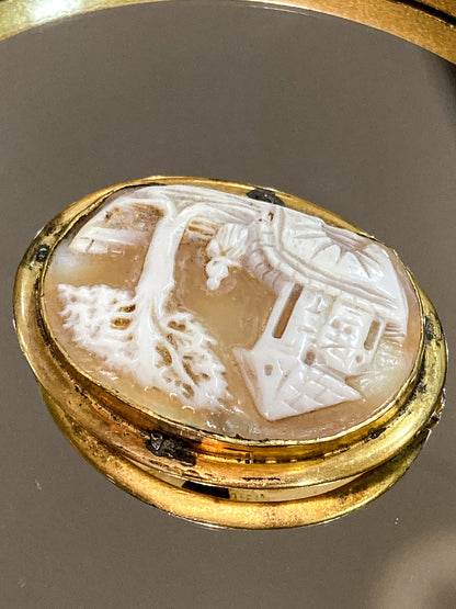 Antique Late 19th Century Gold Filled Landscape Shell Cameo Oval Brooch Pin