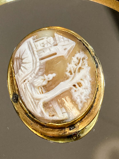Antique Late 19th Century Gold Filled Landscape Shell Cameo Oval Brooch Pin