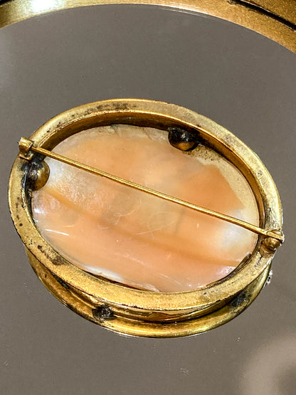 Antique Late 19th Century Gold Filled Landscape Shell Cameo Oval Brooch Pin