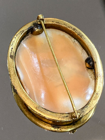 Antique Late 19th Century Gold Filled Landscape Shell Cameo Oval Brooch Pin