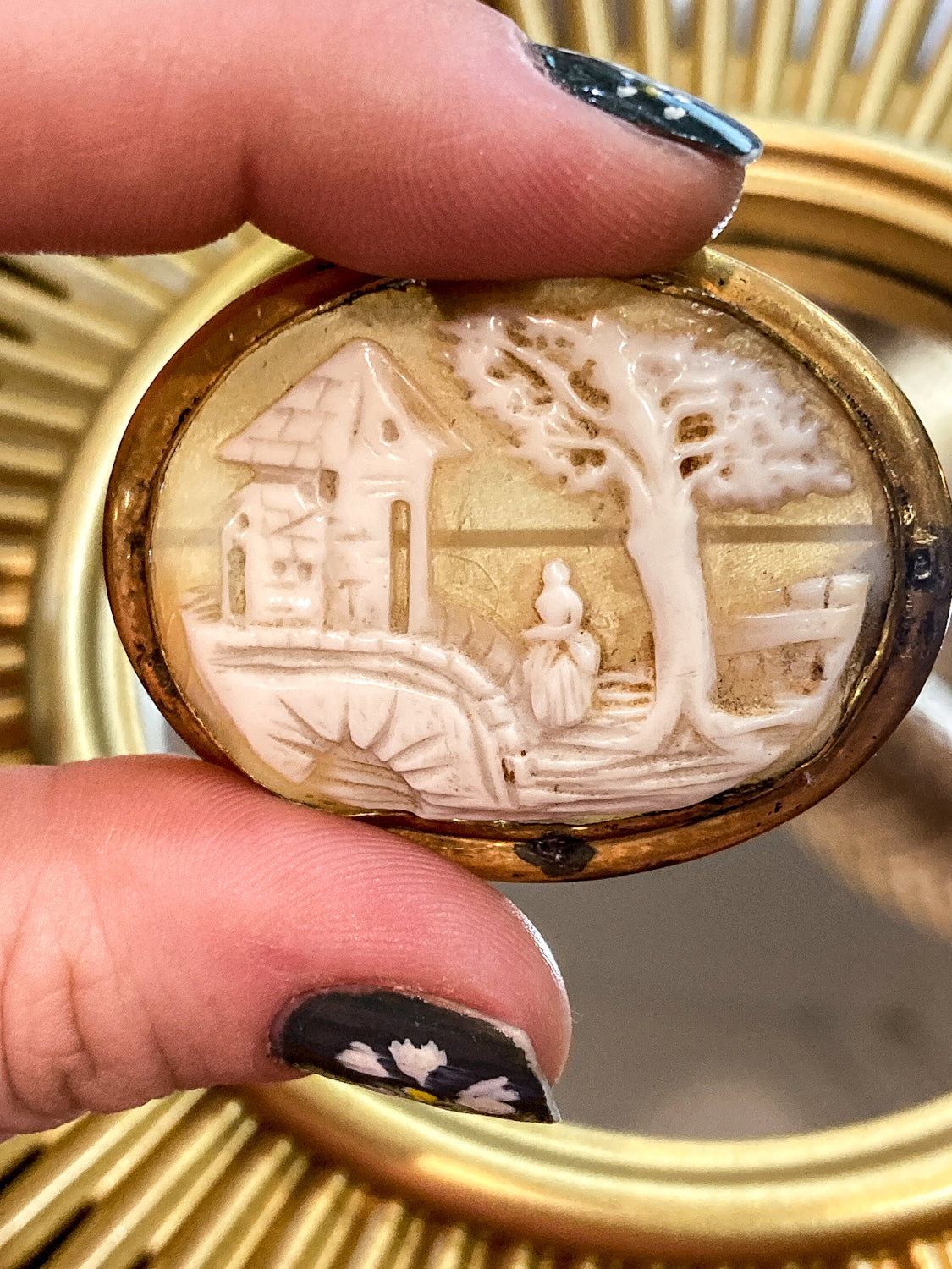 Antique Late 19th Century Gold Filled Landscape Shell Cameo Oval Brooch Pin