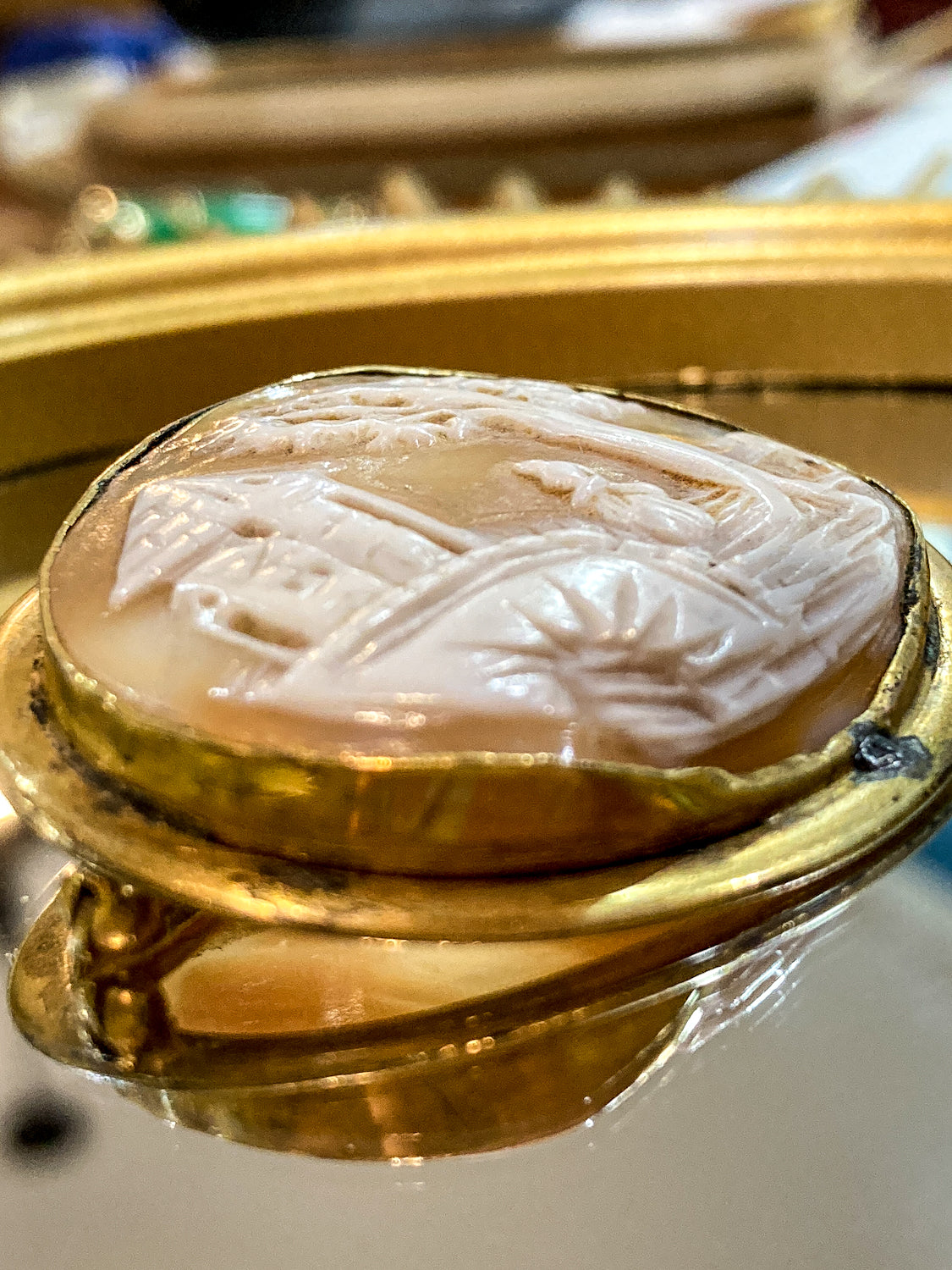 Antique Late 19th Century Gold Filled Landscape Shell Cameo Oval Brooch Pin