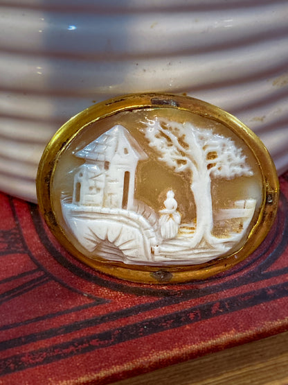 Antique Late 19th Century Gold Filled Landscape Shell Cameo Oval Brooch Pin