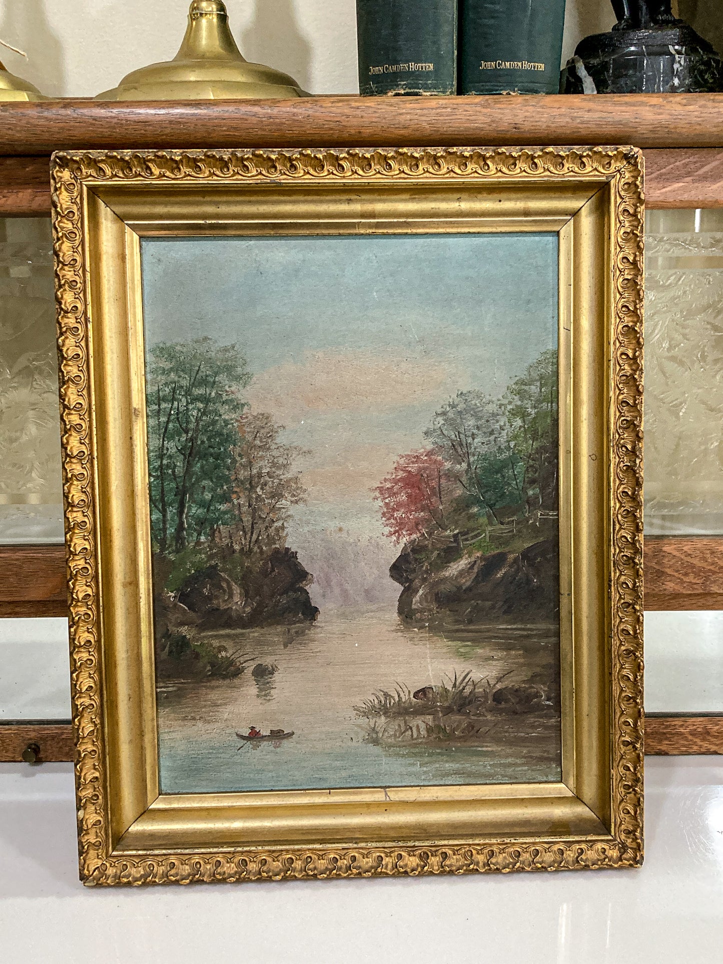 Antique Late 19th Century Victorian River Landscape Framed Canvas Oil Painting