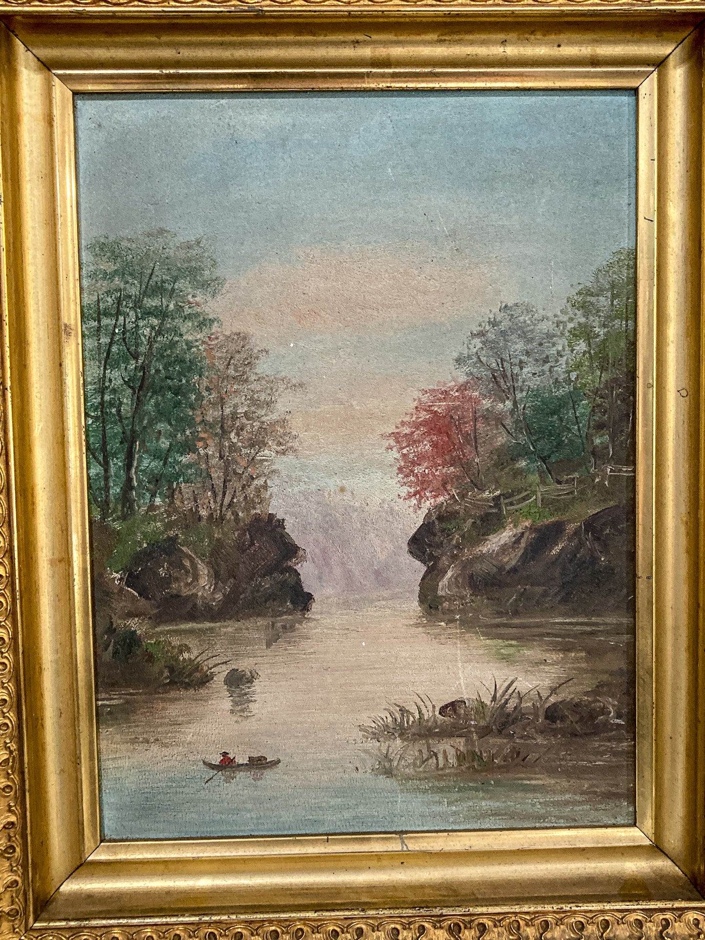 Antique Late 19th Century Victorian River Landscape Framed Canvas Oil Painting