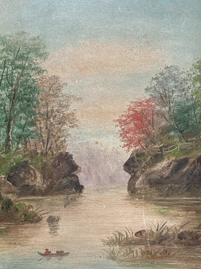 Antique Late 19th Century Victorian River Landscape Framed Canvas Oil Painting