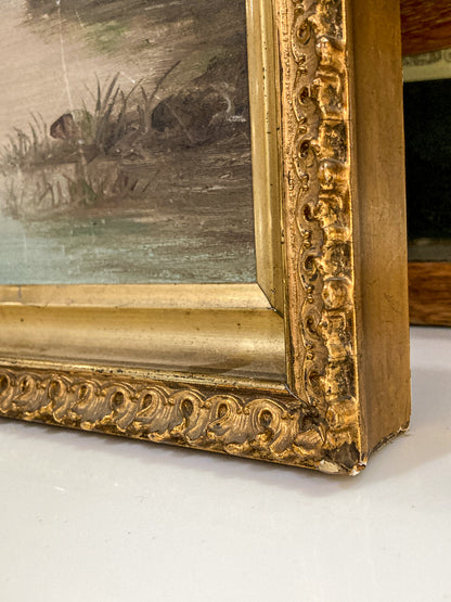 Antique Late 19th Century Victorian River Landscape Framed Canvas Oil Painting
