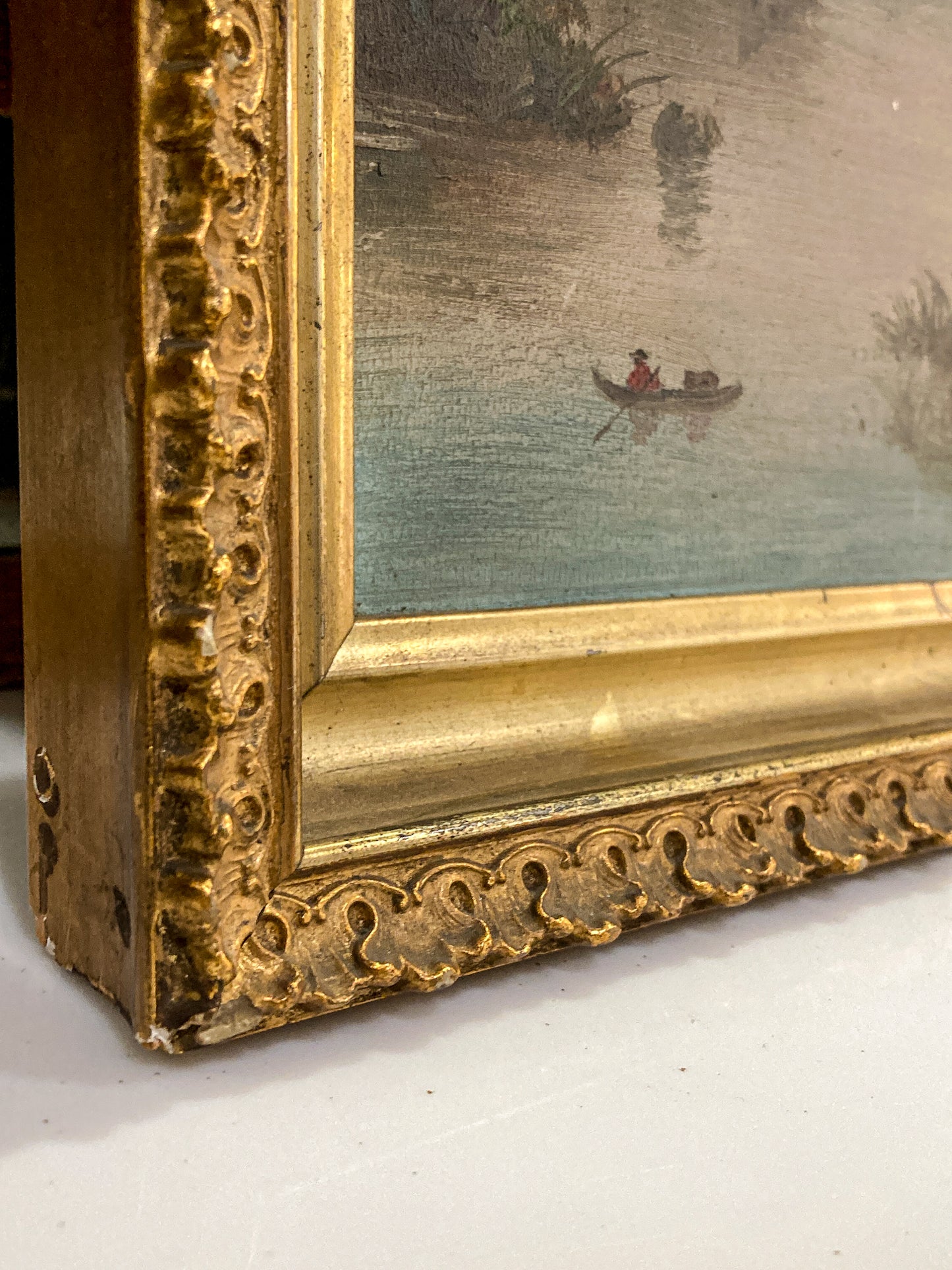 Antique Late 19th Century Victorian River Landscape Framed Canvas Oil Painting