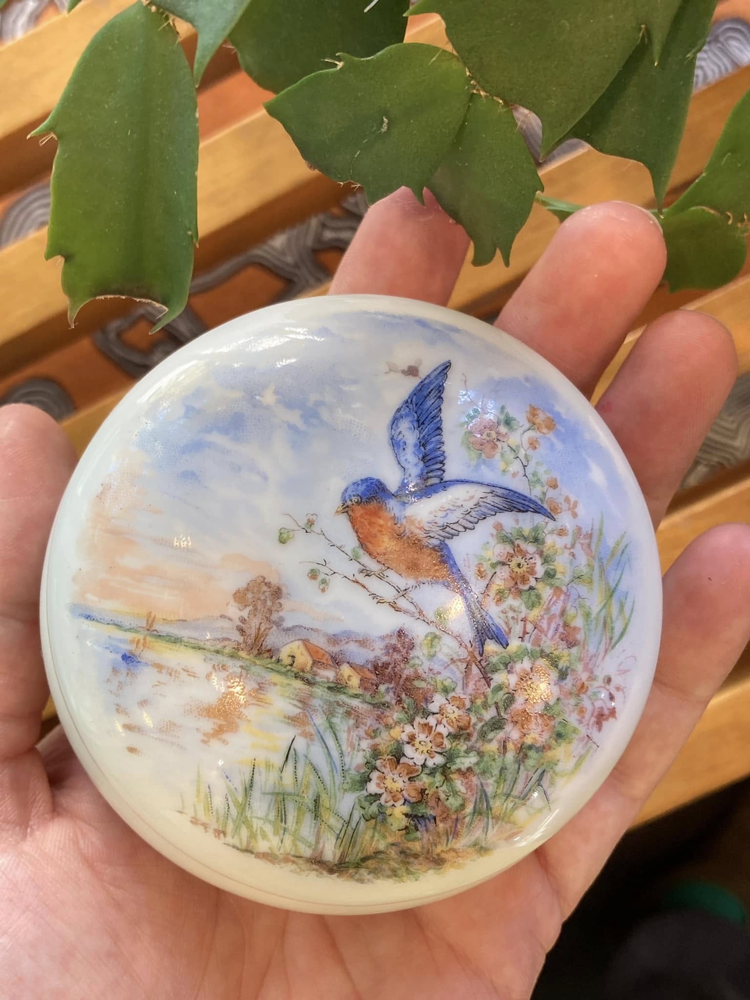 Antique Limoges France Blue Bird Scenic Round Lidded Porcelain Trinket Pillbox